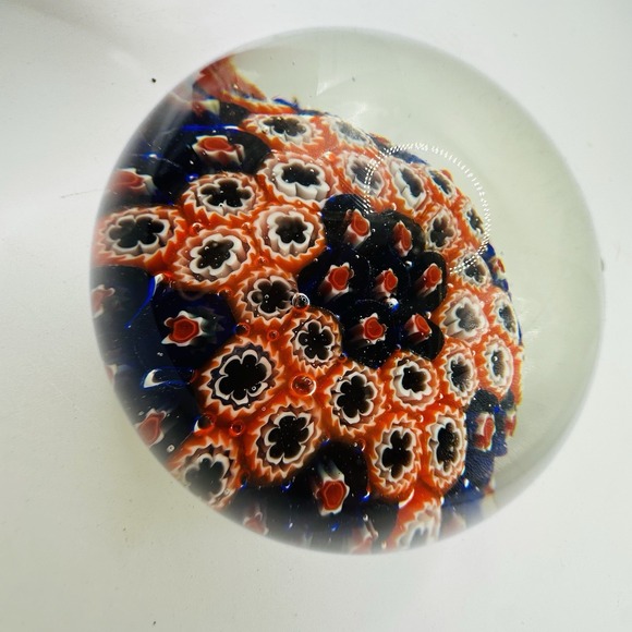 The Unbranded Brand Other - Vintage Millefiori Art Glass Paperweight Blue Red White,Floral Groovy MCM Decor